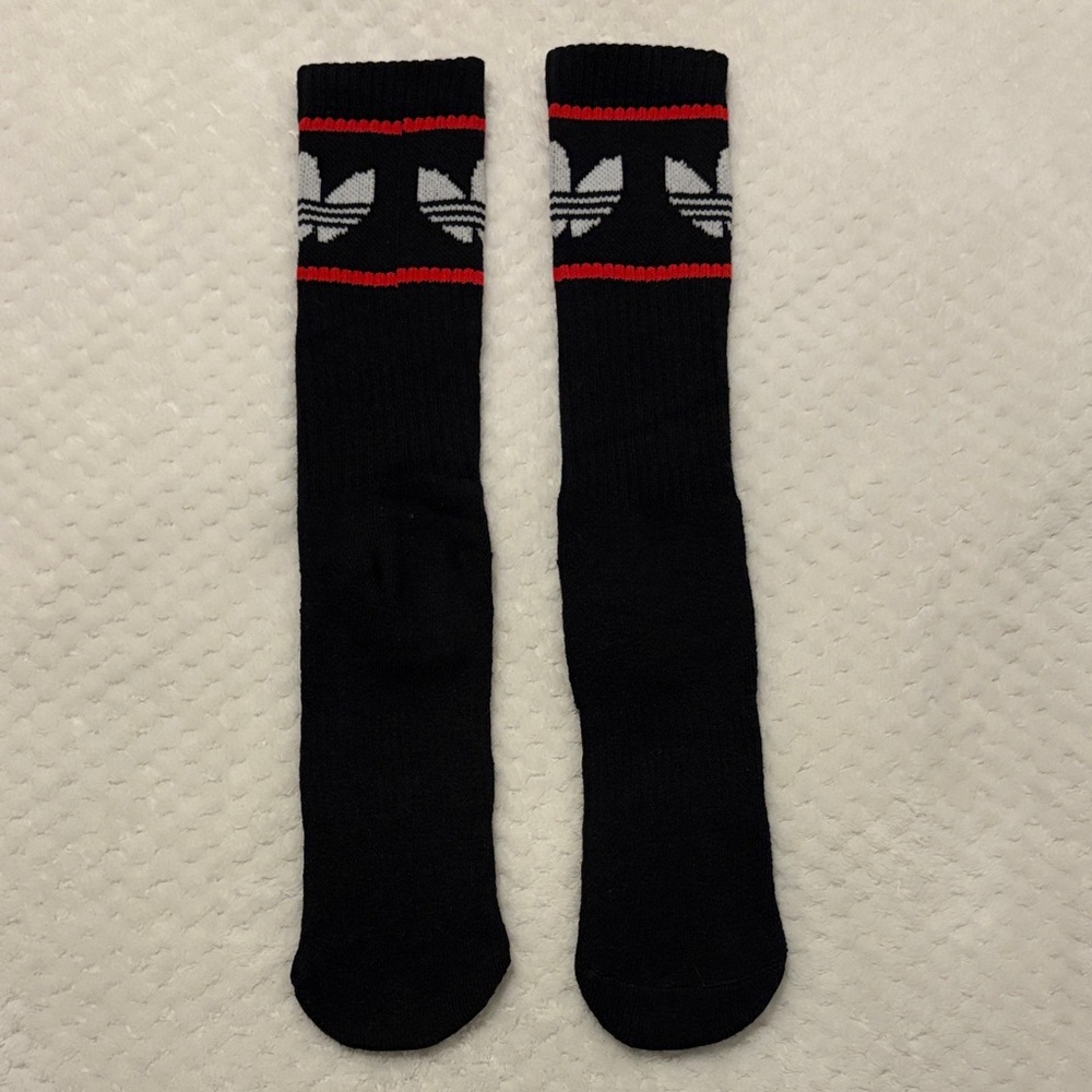NWOT Adidas Black Crew Athletic Socks with Red Stripes and White Trefoil